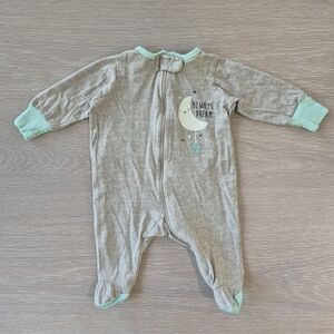 Newborn Baby Gerber Beige One-Piece Footed Pajamas with Mint Trim